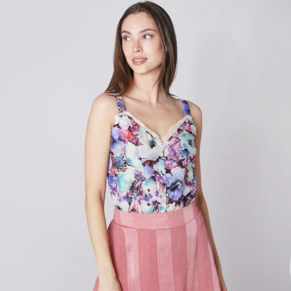 Modern Identity Wide Strap Satin Tank Bodysuit - Floral - Medium